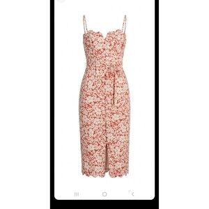 ​ANTHROPOLOGIE Dress Sz 0 Red Floral Scalloped Sweetheart Button Front Midi chic